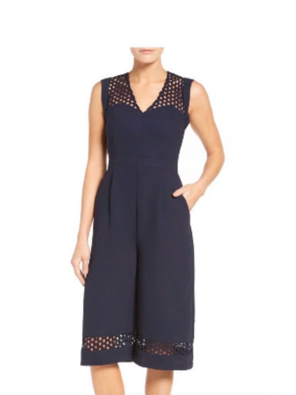 Adelyn Rae Navy Eyelet Midi Jumpsuit L
